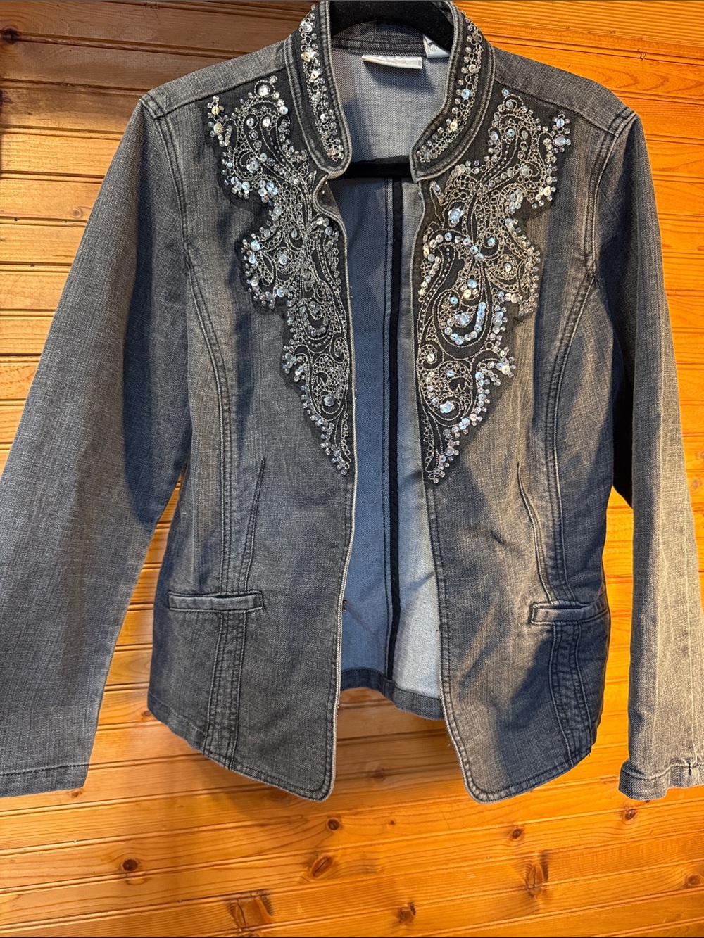 Chico's Embellished Gray Denim Jean Jacket